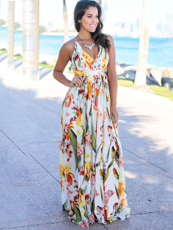 Tropical Print Maxi Dress with Wrap Design and Spaghetti Straps Maxi Dresses MyDresses 
