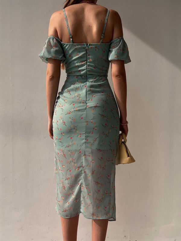 Floral Print Midi Dress with Ruched Design and Puff Sleeves Midi Dresses MyDresses 