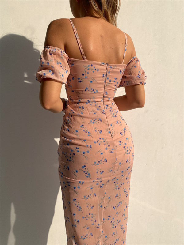 Floral Print Midi Dress with Ruched Design and Puff Sleeves Midi Dresses MyDresses 