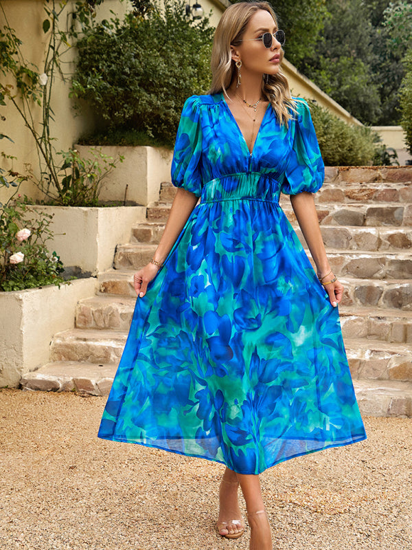 Bohemian Midi Dress with V-Neck and Puff Sleeves Maxi Dresses MyDresses 