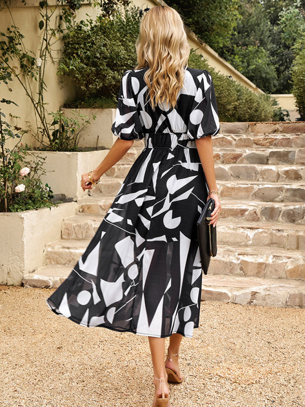 Bohemian Midi Dress with V-Neck and Puff Sleeves Maxi Dresses MyDresses 