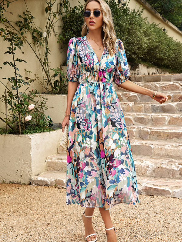 Bohemian Midi Dress with V-Neck and Puff Sleeves Maxi Dresses MyDresses 