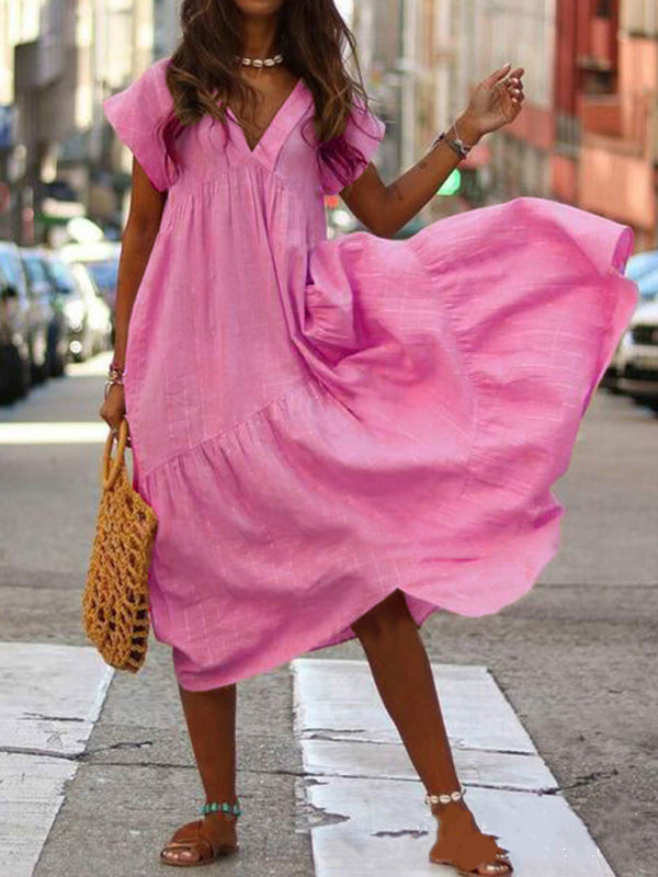V-Neck Maxi Dress with Irregular Hem and Tiered Design Maxi Dresses MyDresses Rose 8 | S 