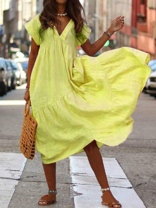 V-Neck Maxi Dress with Irregular Hem and Tiered Design Maxi Dresses MyDresses Yellow 8 | S 