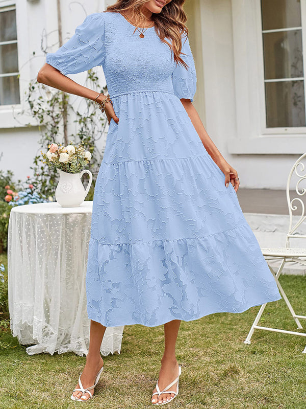 Smocked Bodice Midi Dress with Puff Sleeves and Tiered Skirt Midi Dresses MyDresses 