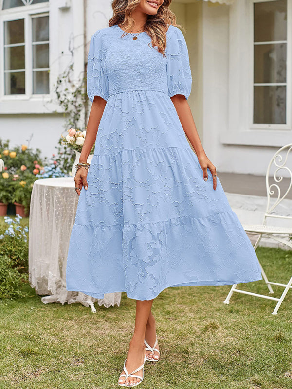 Smocked Bodice Midi Dress with Puff Sleeves and Tiered Skirt Midi Dresses MyDresses 