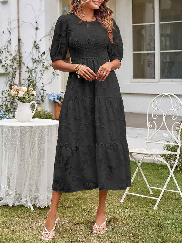 Smocked Bodice Midi Dress with Puff Sleeves and Tiered Skirt Midi Dresses MyDresses 