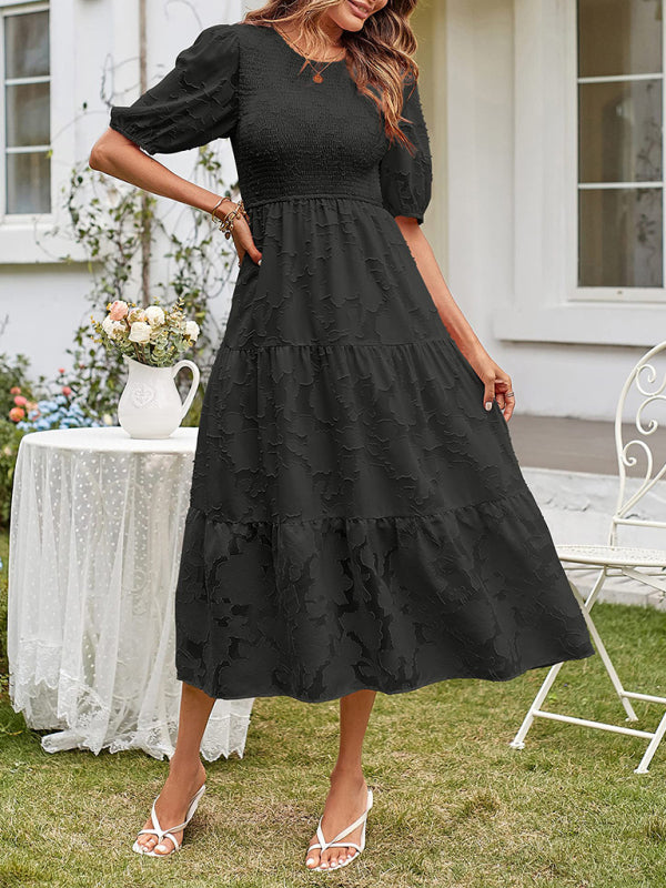 Smocked Bodice Midi Dress with Puff Sleeves and Tiered Skirt Midi Dresses MyDresses Black 8 | S 