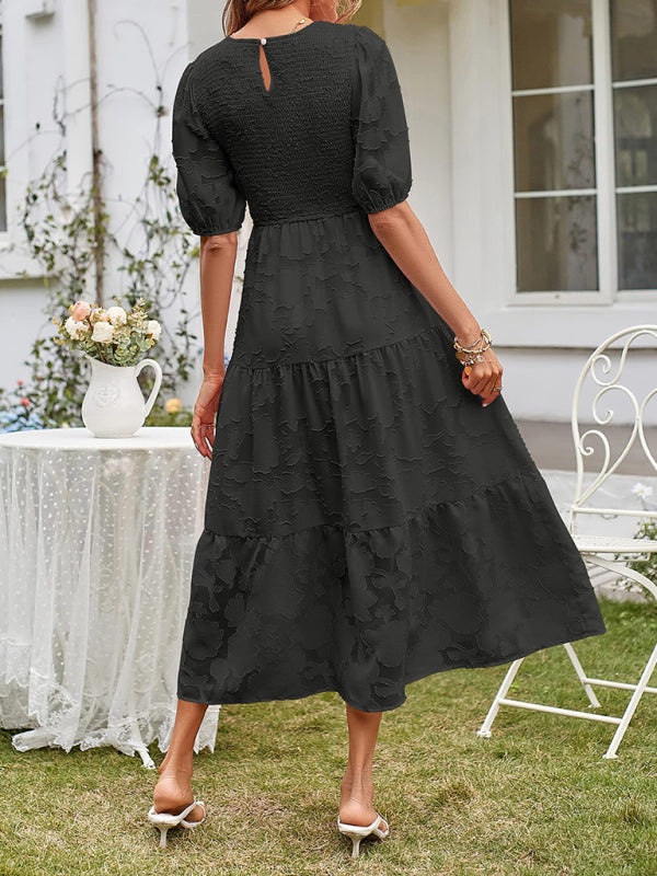 Smocked Bodice Midi Dress with Puff Sleeves and Tiered Skirt Midi Dresses MyDresses 