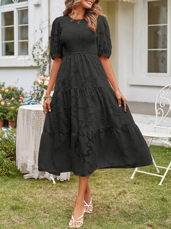 Smocked Bodice Midi Dress with Puff Sleeves and Tiered Skirt Midi Dresses MyDresses 