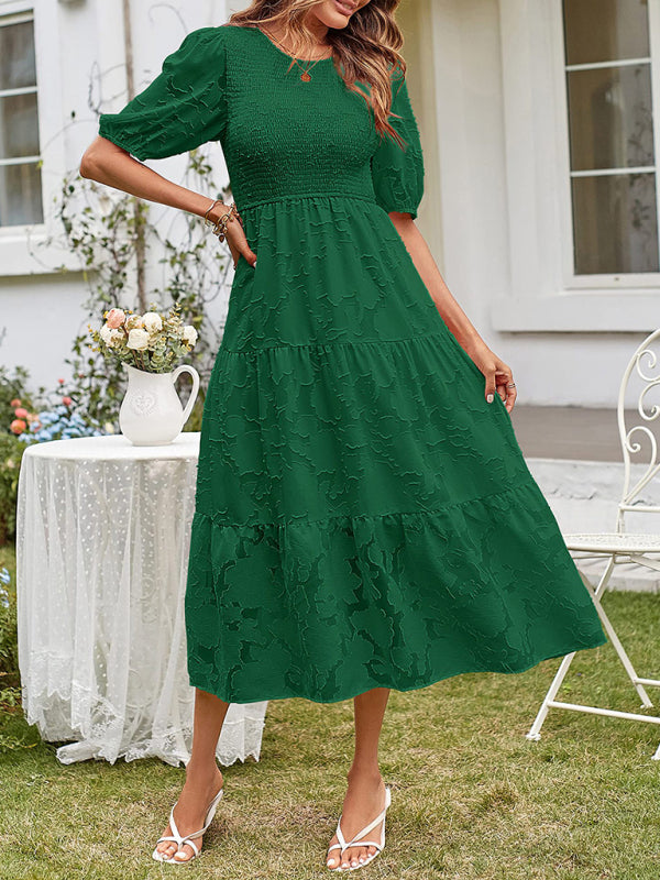 Smocked Bodice Midi Dress with Puff Sleeves and Tiered Skirt Midi Dresses MyDresses Green 8 | S 