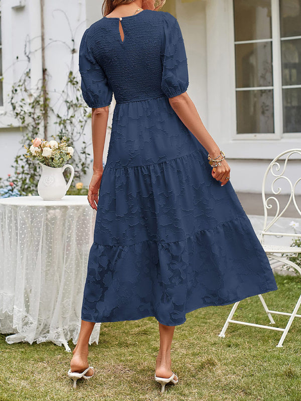 Smocked Bodice Midi Dress with Puff Sleeves and Tiered Skirt Midi Dresses MyDresses 