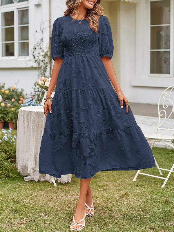 Smocked Bodice Midi Dress with Puff Sleeves and Tiered Skirt Midi Dresses MyDresses Dark Blue 8 | S 