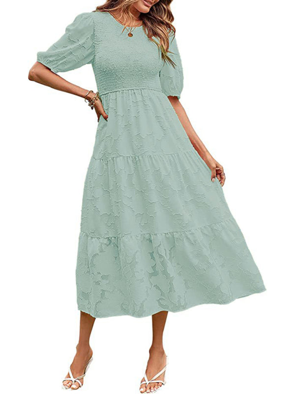 Smocked Bodice Midi Dress with Puff Sleeves and Tiered Skirt Midi Dresses MyDresses Pale green 8 | S 