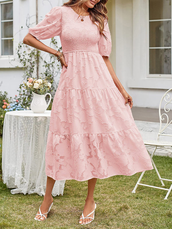 Smocked Bodice Midi Dress with Puff Sleeves and Tiered Skirt Midi Dresses MyDresses Pink 8 | S 