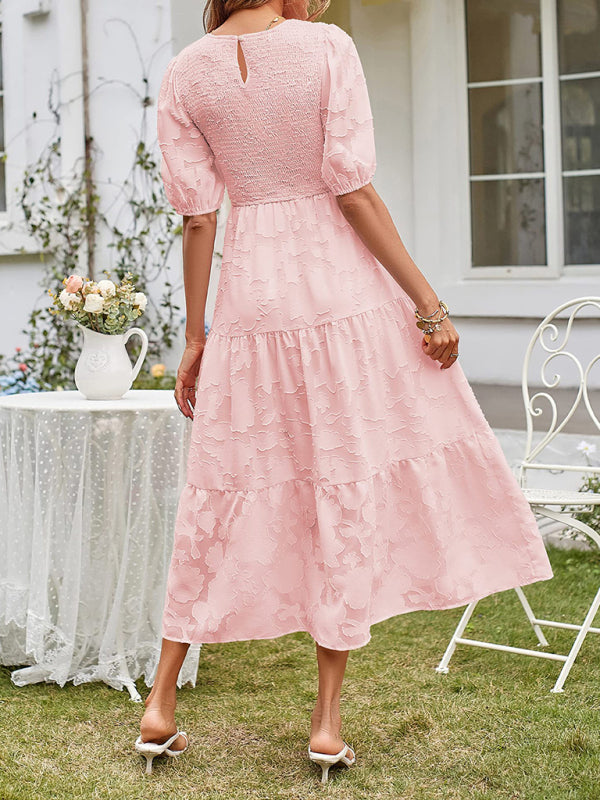 Smocked Bodice Midi Dress with Puff Sleeves and Tiered Skirt Midi Dresses MyDresses 