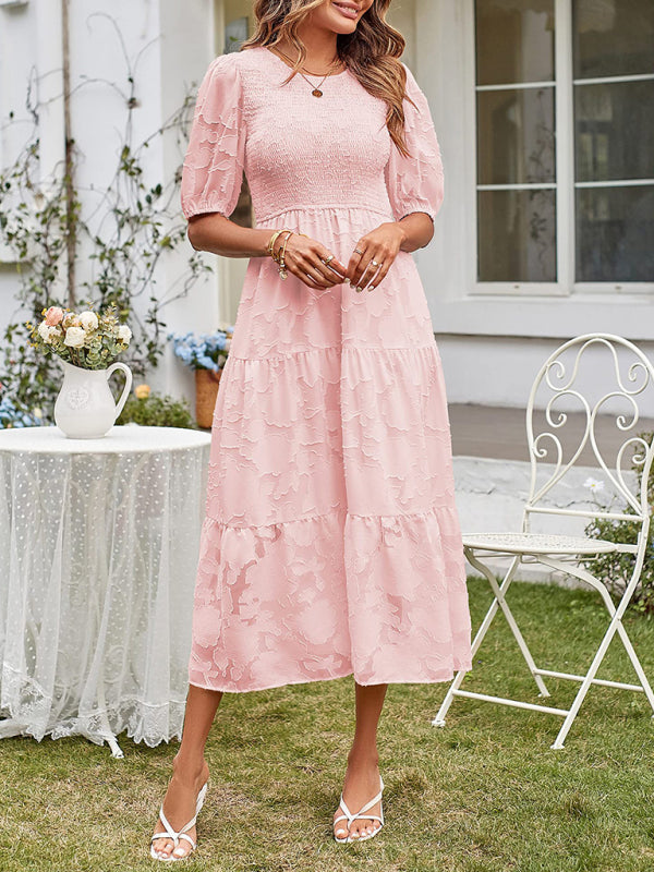 Smocked Bodice Midi Dress with Puff Sleeves and Tiered Skirt Midi Dresses MyDresses 