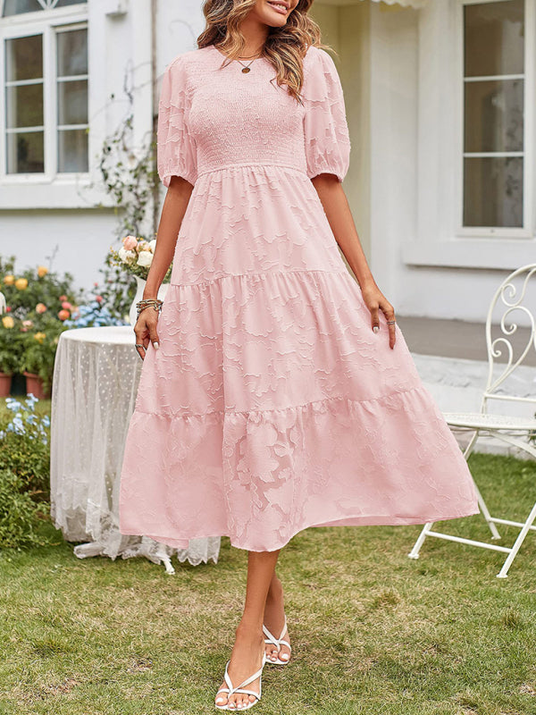 Smocked Bodice Midi Dress with Puff Sleeves and Tiered Skirt Midi Dresses MyDresses 