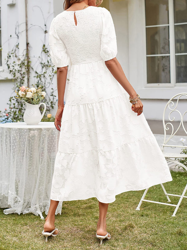 Smocked Bodice Midi Dress with Puff Sleeves and Tiered Skirt Midi Dresses MyDresses 