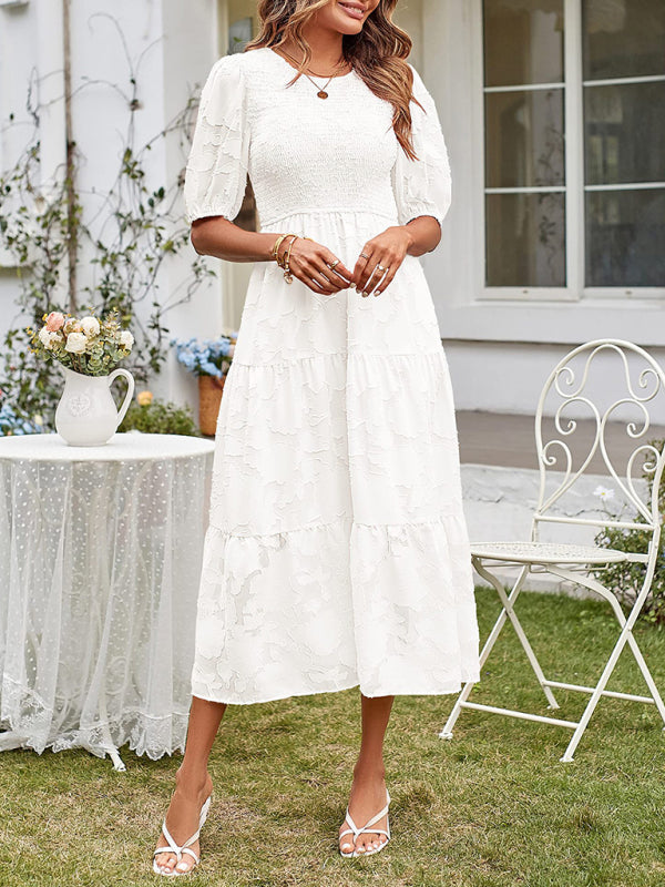 Smocked Bodice Midi Dress with Puff Sleeves and Tiered Skirt Midi Dresses MyDresses 