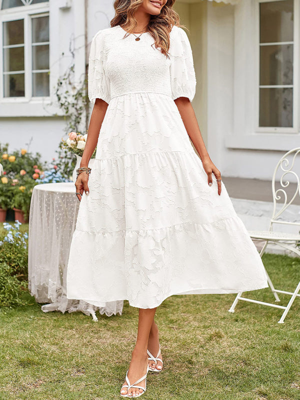 Smocked Bodice Midi Dress with Puff Sleeves and Tiered Skirt Midi Dresses MyDresses White 8 | S 
