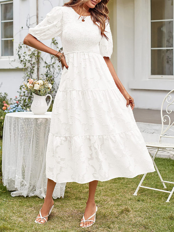 Smocked Bodice Midi Dress with Puff Sleeves and Tiered Skirt Midi Dresses MyDresses 