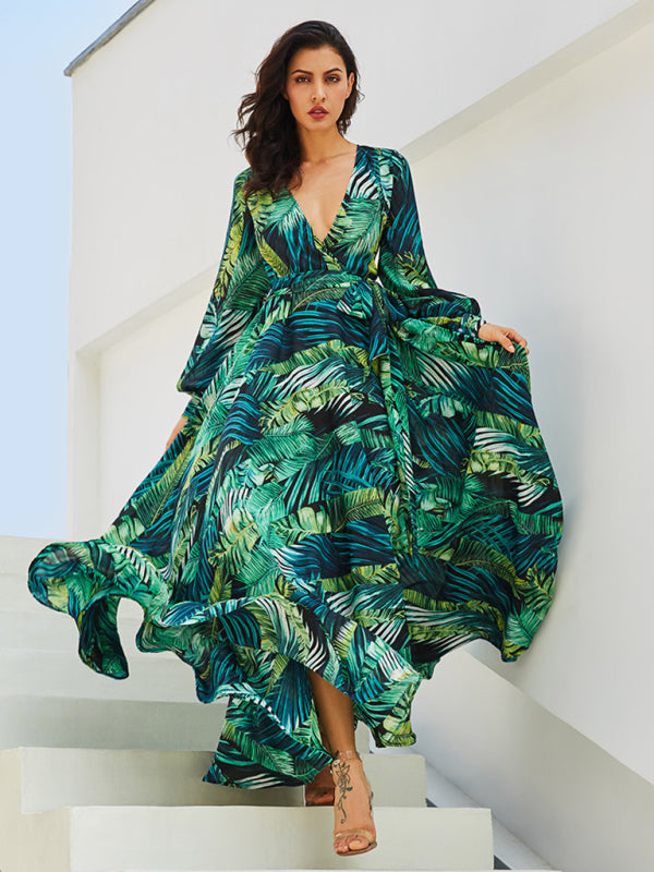 Tropical Leaf Print Maxi Dress with Lantern Sleeves Maxi Dresses MyDresses Light Green 8 | S 