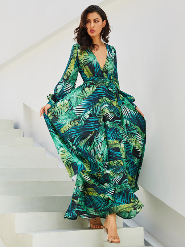 Tropical Leaf Print Maxi Dress with Lantern Sleeves Maxi Dresses MyDresses 