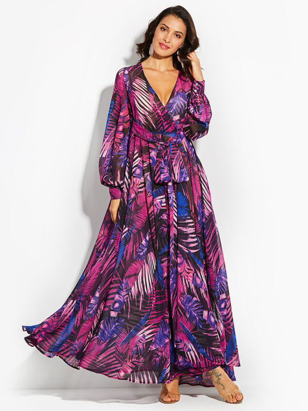 Tropical Leaf Print Maxi Dress with Lantern Sleeves Maxi Dresses MyDresses Purple 8 | S 