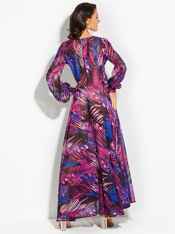 Tropical Leaf Print Maxi Dress with Lantern Sleeves Maxi Dresses MyDresses 