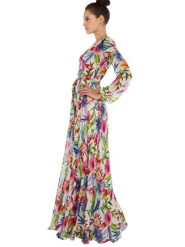 Tropical Leaf Print Maxi Dress with Lantern Sleeves Maxi Dresses MyDresses 