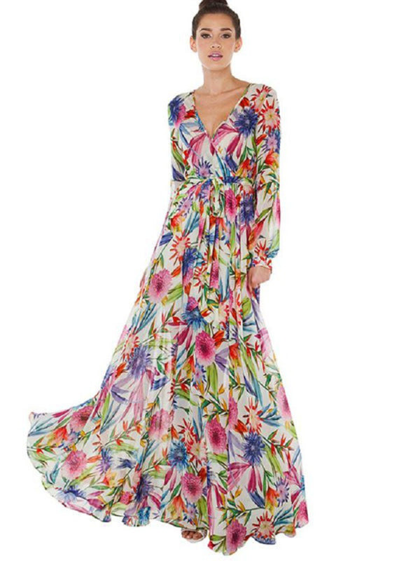 Tropical Leaf Print Maxi Dress with Lantern Sleeves Maxi Dresses MyDresses White 8 | S 