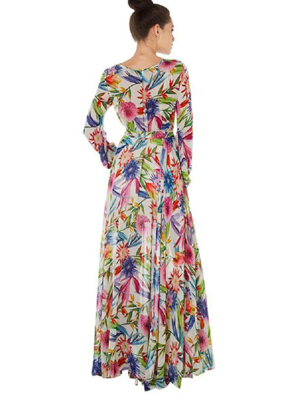 Tropical Leaf Print Maxi Dress with Lantern Sleeves Maxi Dresses MyDresses 