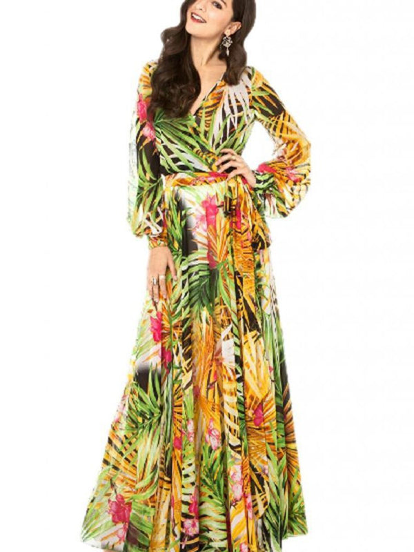 Tropical Leaf Print Maxi Dress with Lantern Sleeves Maxi Dresses MyDresses Yellow 8 | S 