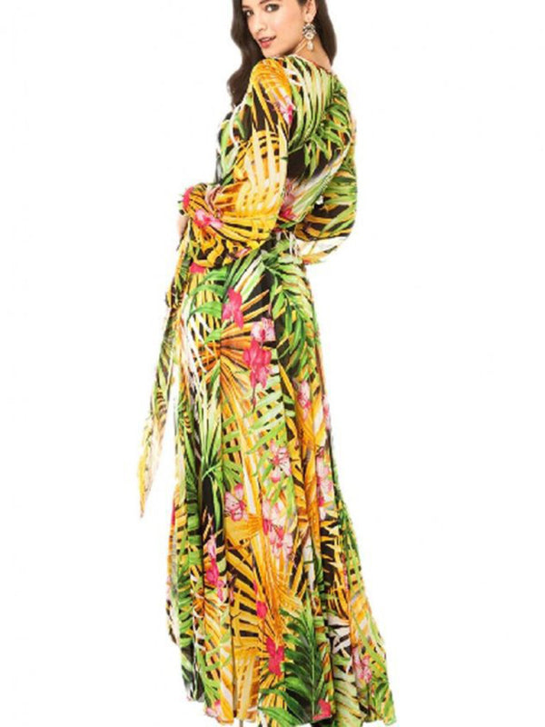 Tropical Leaf Print Maxi Dress with Lantern Sleeves Maxi Dresses MyDresses 