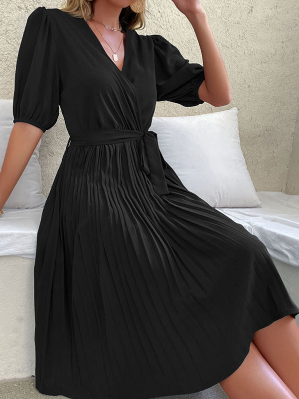 V-Neck Knee-Length Dress with Puff Sleeves and Tie Waist Maxi Dresses MyDresses 