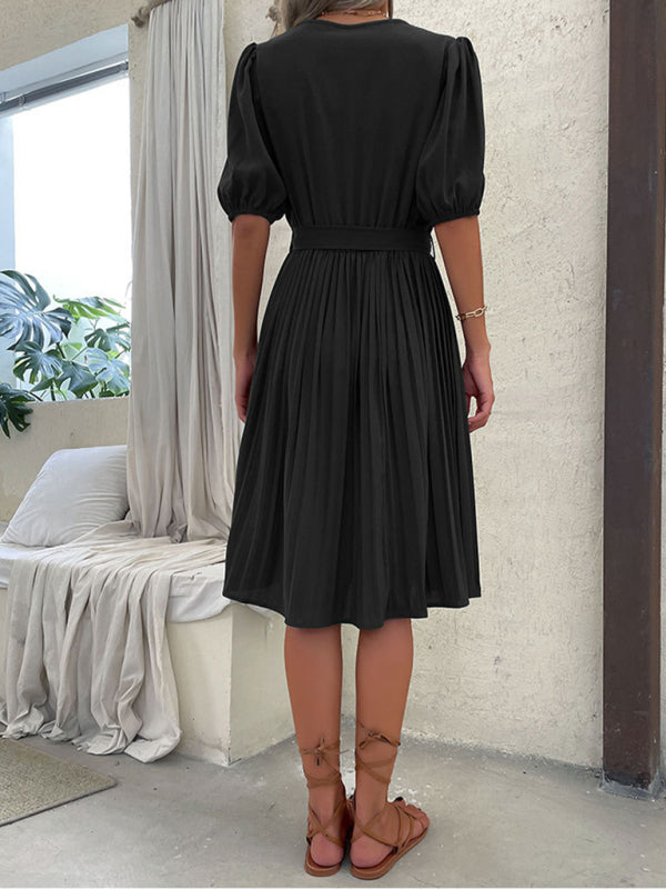 V-Neck Knee-Length Dress with Puff Sleeves and Tie Waist Maxi Dresses MyDresses 