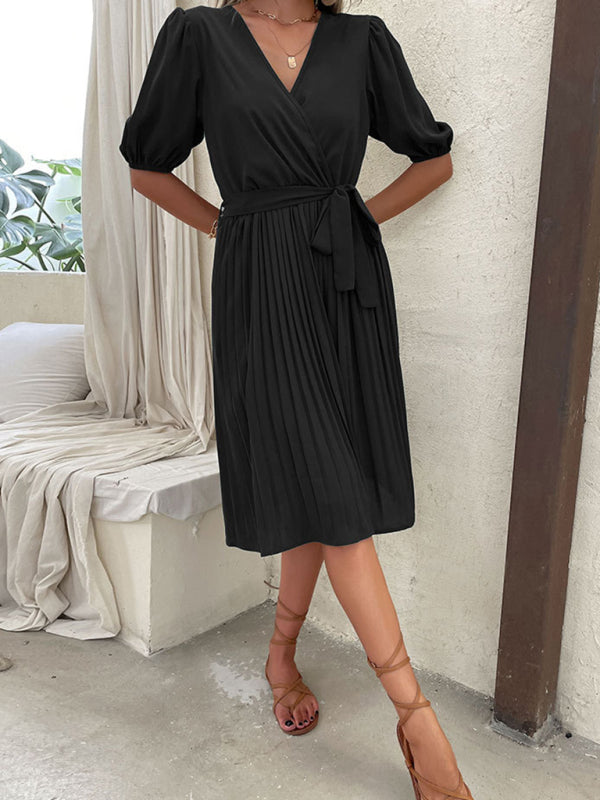 V-Neck Knee-Length Dress with Puff Sleeves and Tie Waist Maxi Dresses MyDresses 