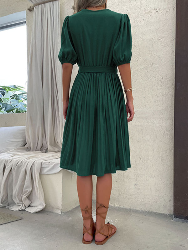 V-Neck Knee-Length Dress with Puff Sleeves and Tie Waist Maxi Dresses MyDresses 
