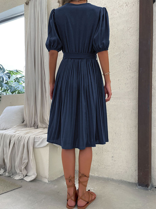 V-Neck Knee-Length Dress with Puff Sleeves and Tie Waist Maxi Dresses MyDresses 
