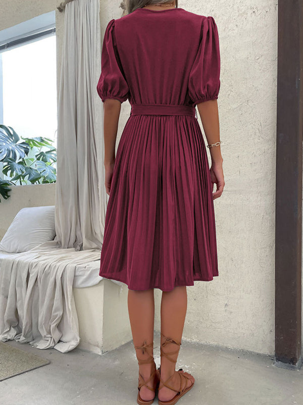 V-Neck Knee-Length Dress with Puff Sleeves and Tie Waist Maxi Dresses MyDresses 
