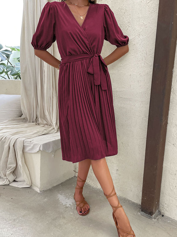 V-Neck Knee-Length Dress with Puff Sleeves and Tie Waist Maxi Dresses MyDresses 