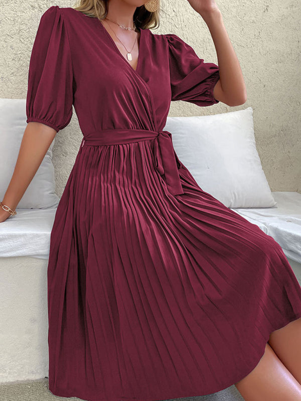 V-Neck Knee-Length Dress with Puff Sleeves and Tie Waist Maxi Dresses MyDresses 