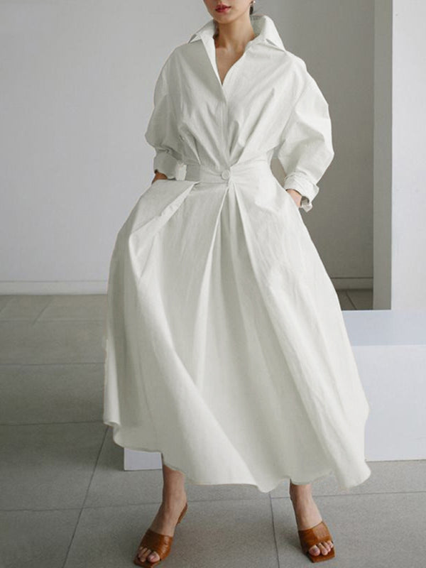 Collared Shirt Dress with Button-Down Front and Cinched Waist Mini Dresses MyDresses White 8 | S 