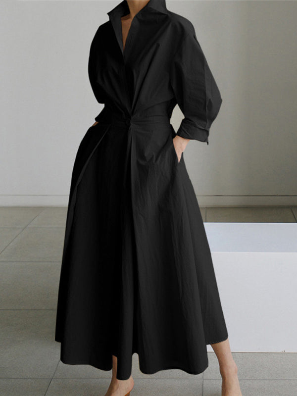 Collared Shirt Dress with Button-Down Front and Cinched Waist Mini Dresses MyDresses Black 8 | S 