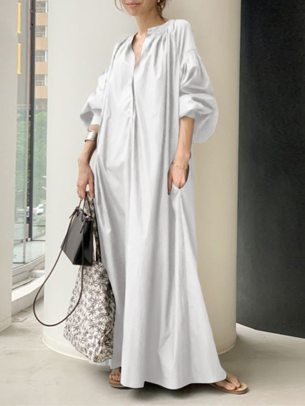 Maxi Dress with Balloon Sleeves and Pockets Maxi Dresses MyDresses White 8 | S 