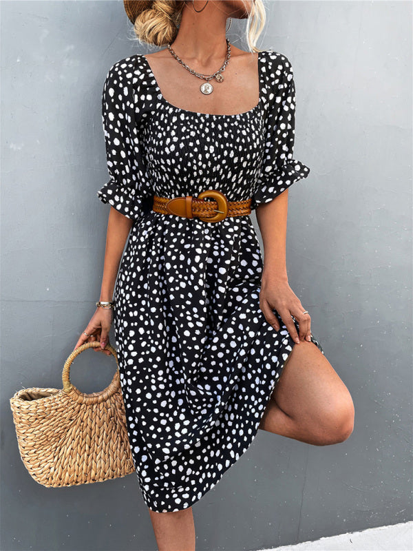 Leopard Print Midi Dress with Smocked Bodice and Puff Sleeves Midi Dresses MyDresses Black 8 | S 