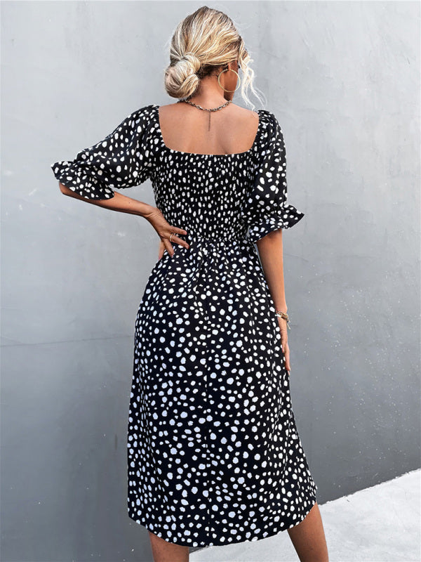 Leopard Print Midi Dress with Smocked Bodice and Puff Sleeves Midi Dresses MyDresses 