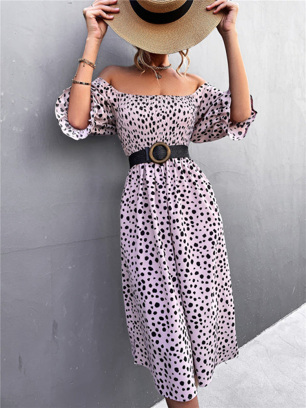 Leopard Print Midi Dress with Smocked Bodice and Puff Sleeves Midi Dresses MyDresses 