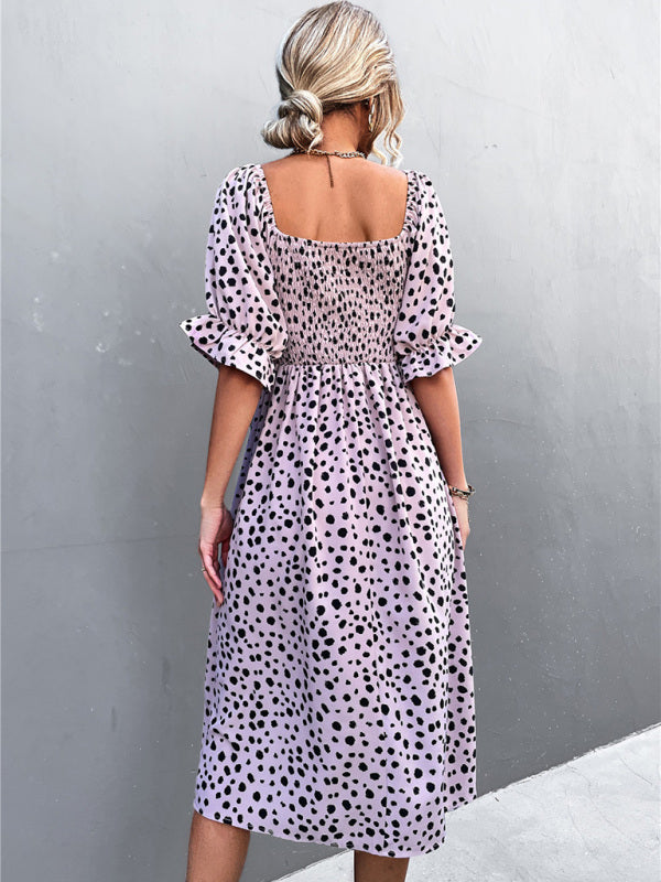 Leopard Print Midi Dress with Smocked Bodice and Puff Sleeves Midi Dresses MyDresses 